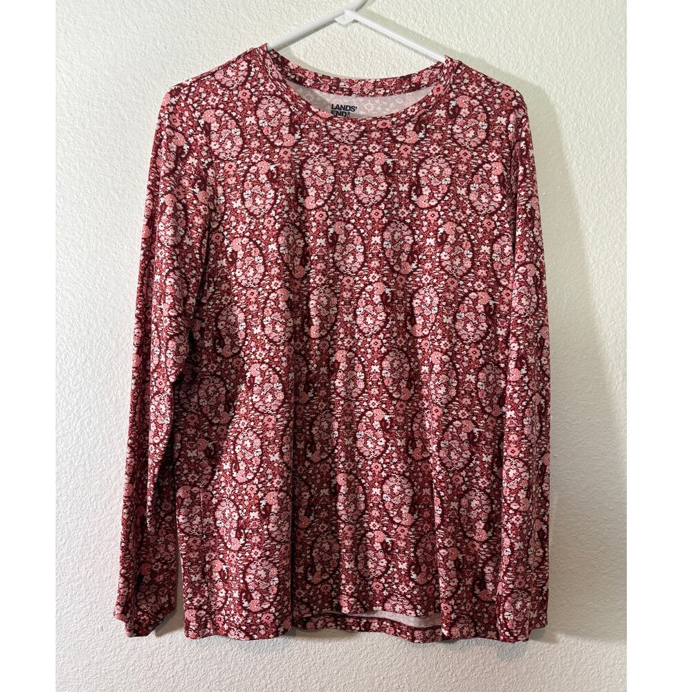 Lands' End Women's Size M Pink Red Paisley Floral Long Sleeve Cotton T-Shirt